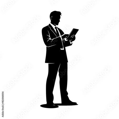 Silhouette of a man in suit using a tablet against a white background