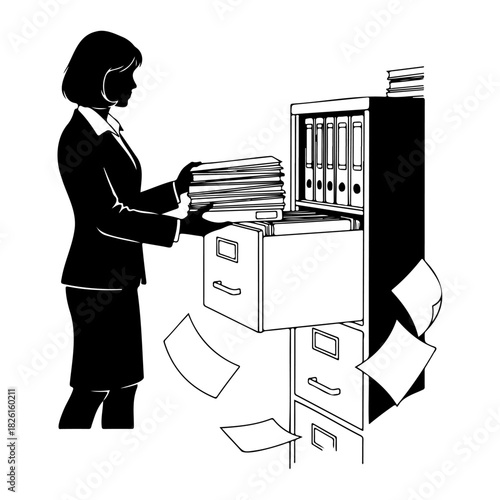Woman in suit filing documents into a cabinet with papers falling down