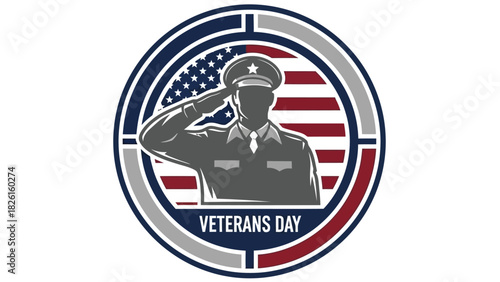Isolated emblem featuring a heroic soldier silhouette saluting inside a circular patriotic badge, crisp vector edges, bold lines, premium modern design, perfect for Veterans Day branding.