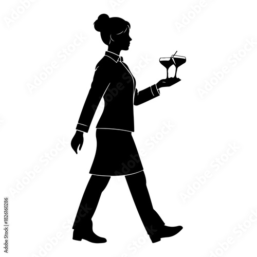 Silhouette of a woman walking while holding two cocktail glasses up high