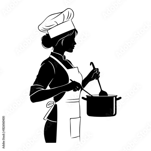 Silhouette of a female chef stirring a pot with a ladle and a spoon