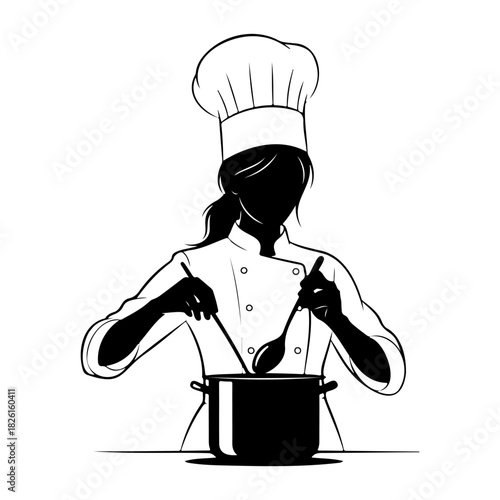 Silhouette of a female chef stirring a pot with spoons wearing chef hat