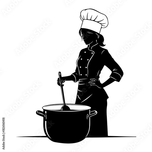 Silhouette of a female chef stirring a large pot with a spoon in black