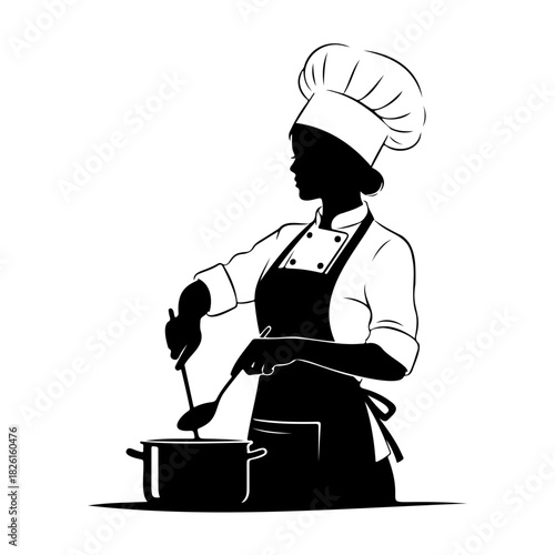 Silhouette of a chef stirring a pot wearing an apron and chef's hat