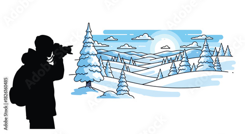 Silhouette of a photographer capturing a scenic winter landscape with snowcovered trees and mountains