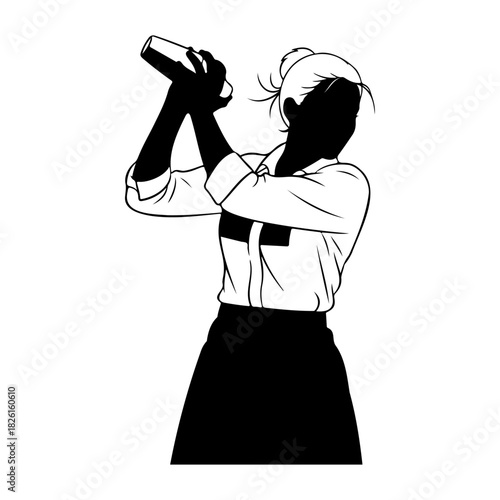 Silhouette of a woman shaking a cocktail in a shaker in black and white