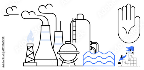 Factory complex emitting smoke, water waves, and hand gesture for caution beside worker in safety gear. Ideal for industrial safety, pollution control, energy production, labor issues, waste
