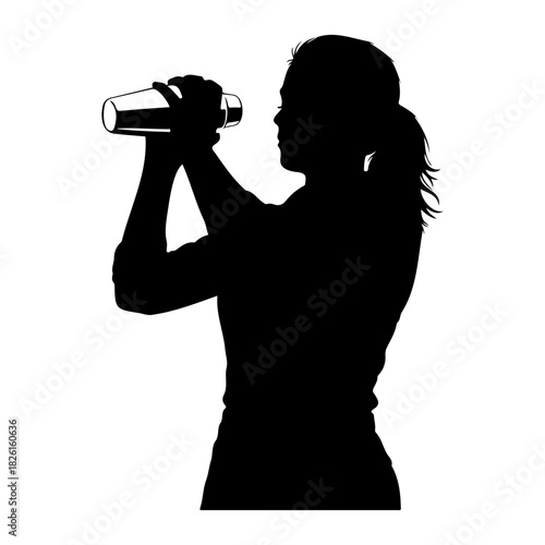 Silhouette of woman shaking a cocktail shaker against a white background