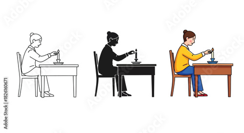 Person at desk with scientific instrument, illustrated in outline, silhouette, and fullcolor