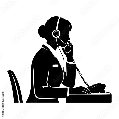 Silhouette of woman with headset talking on phone in black and white art