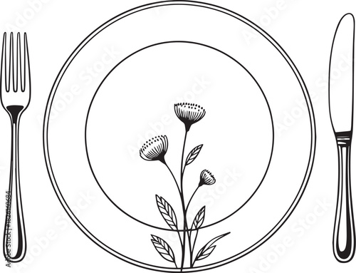 Elegant black and white place setting with floral illustration on plate