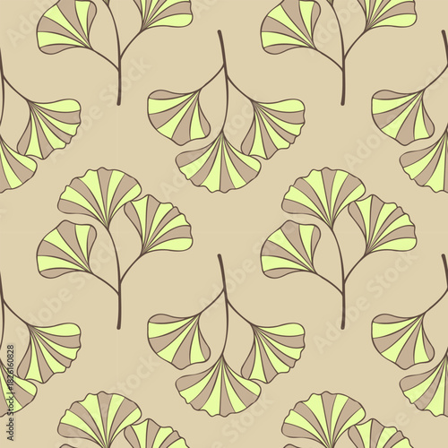Ginkgo biloba leaves pattern, contour lace twig , light green and beige colors. On pastel cream background.