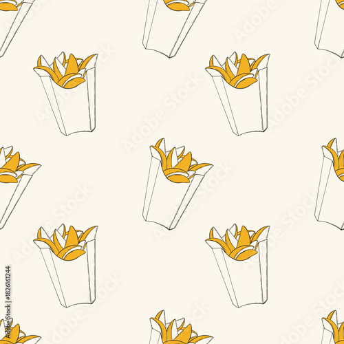 Stylized image of French fries in box, with outlines of potato wedges on light background. Junk food, fried potatoes, fast food, packaging.