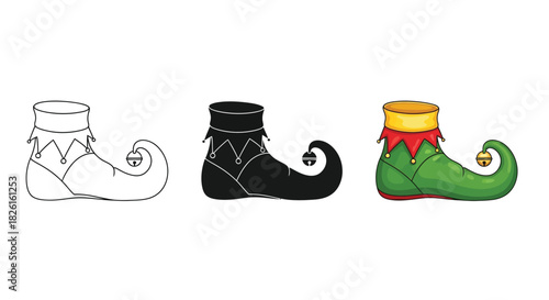 Three styles of festive elf shoes with curled toes and bells, including outline, silhouette, and colorful versions
