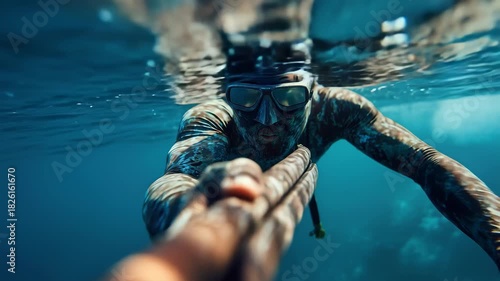 Underwater spearfishing adventure in vibrant blue waters with an experienced diver capturing the ocean's bounty during the early morning hours