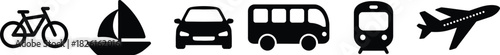 Transportation Modes Icons - Bicycle, Sailboat, Car, Bus, Train, Airplane