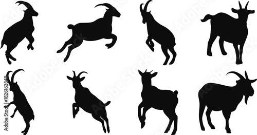 A collection of goat silhouette vector illustrations. Black silhouettes on a white background show goats in various poses. Ideal for farm animal-themed designs.