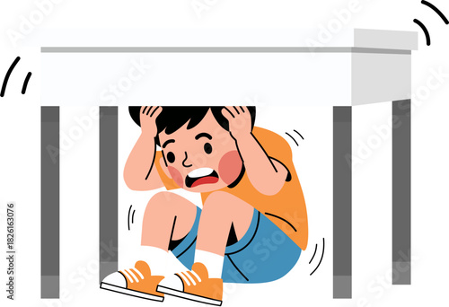 Boy Hiding Under Table During Earthquake 