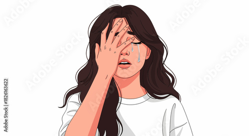 A distressed young woman with long dark hair covering her face with her hand, crying with tears streaming down her cheek.
