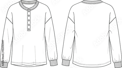 Long sleeve henley top fashion flat sketch, technical drawing with button placket, ribbed cuffs and neckline, casual womenswear apparel vector design