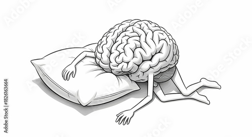 An illustration of a brain with arms and legs resting on a pillow, depicting sleep and rest.