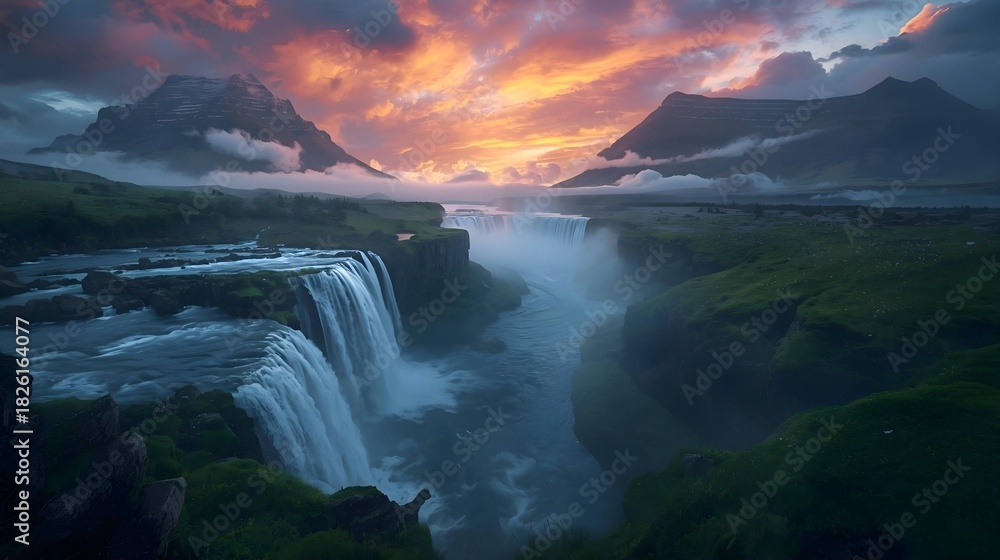 Fototapeta premium Waterfall mountain view at dawn