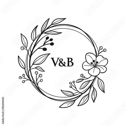 Elegant floral wreath with intertwined initials v and b for wedding or branding