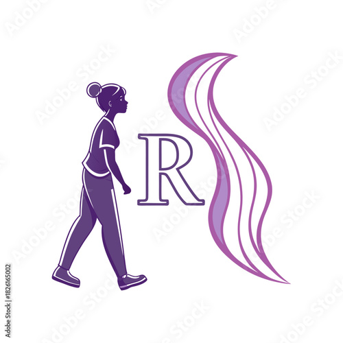 Silhouette of a person walking next to a stylized letter r and flowing purple lines
