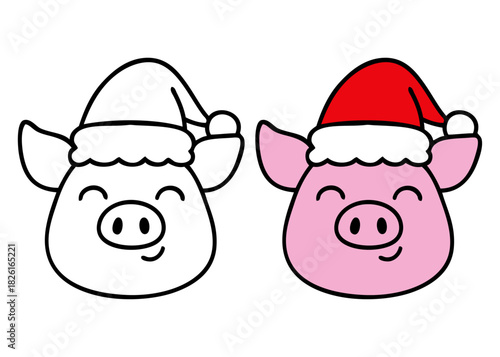 Dibujo sencillo con líneas de cabeza de cerdo simpático con sombrero de Santa Claus para tarjetas y felicitaciones de Navidad