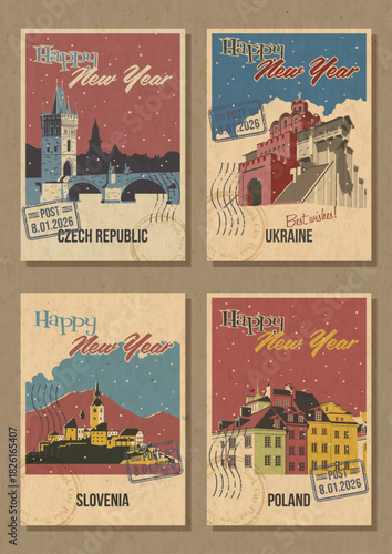 Happy New Year Greeting Cards, European Countries Main Attractions Postcards Retro Style Illustrations. Czech Charles Bridge, Ukraine The Golden Gate of Kyiv, Slovenia Blad Castle, Poland Old Market