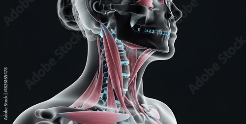 Anatomical illustration of the human neck and upper torso with muscles highlighted.