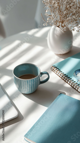 Calm Workspace with Coffee and Stationery in Soft Light