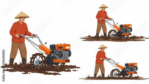 Set of illustrations showing an Asian farmer in a conical hat operating a two-wheel power tiller in a muddy field.