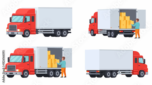 Red delivery truck with cargo box in various states, including loading and unloading operations.