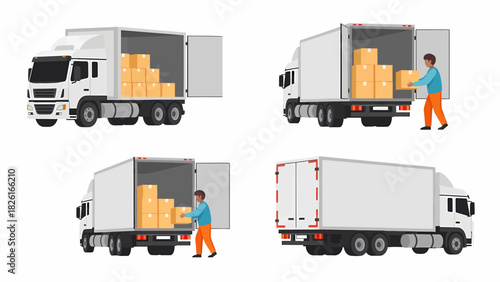 Set of illustrations showing a delivery truck from different angles, with a worker loading and unloading cardboard boxes.