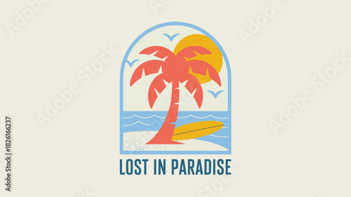 Retro distressed graphic design of a palm tree, sun, and surfboard on a beach