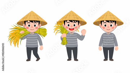 Three cartoon Asian farmers wearing conical hats, two holding bundles of golden rice stalks, depicting harvest and agriculture.