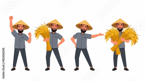 Four illustrations of a farmer wearing a conical hat, holding wheat, and gesturing in various poses.