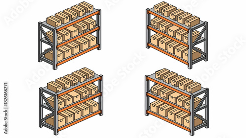 Isometric view of four storage racks filled with cardboard boxes, warehouse setting.