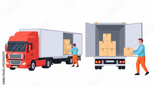 Illustration of men loading boxes into a truck.