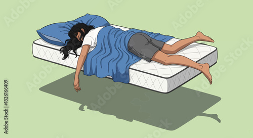 A person is sleeping face down on a mattress with a blue blanket covering them, with their arms and legs extended.