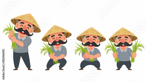 A set of four cartoon illustrations of an elderly Asian farmer with a mustache, wearing a conical hat and holding rice stalks.