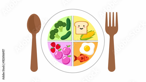 A colorful illustration of a balanced meal on a plate with a spoon and fork.