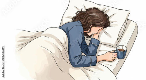 A woman lies in bed, holding a mug, appearing to be waking up or experiencing discomfort in the morning.
