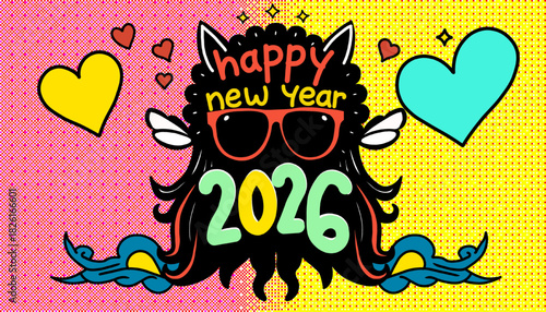 groovy happy new year 2026 illustration with retro cartoon monster and hearts on a pop art background