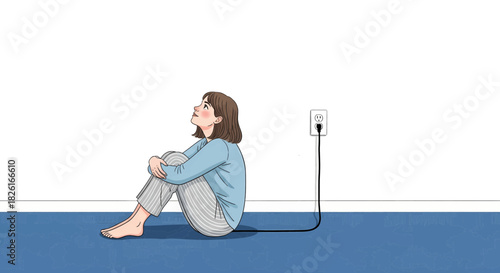 An illustrated woman sits on the floor, plugged into a wall socket like a device needing to recharge her energy.