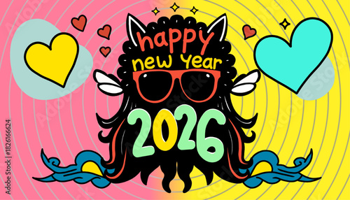 A vibrant and quirky doodle celebrating 2026. Featuring colorful numbers, hearts, and a playful monster wearing sunglasses against a retro background of pink and yellow swirls.
