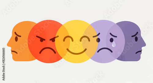 A spectrum of human emotions depicted by colorful, overlapping faces showing various moods from anger to sadness and happiness.