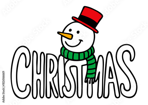 Logo snowman. Palabra Christmas con forma de muñeco de nieve sonriente con sombrero, foulard y nariz de zanahoria