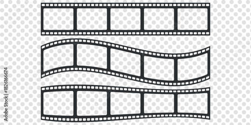 Film strip vector illustration set. Retro cinema movie filmstrip design. Vintage 35mm negative celluloid tape frame. Photography video border element collection. Old movie reel. 